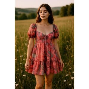 Amanda Richardson Pink Floral Babydoll Dress L Puff Sleeve Tie Front CottageCore